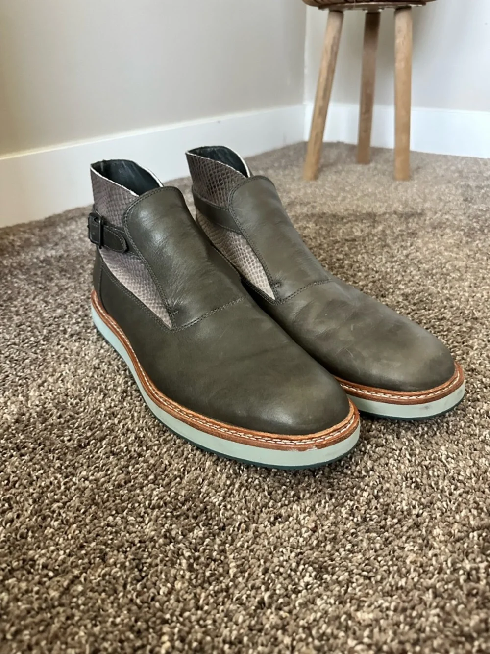 Camper Magnus Green Leather & Snakeskin Ankle Strap Boots Size 44 / US 10.5–11